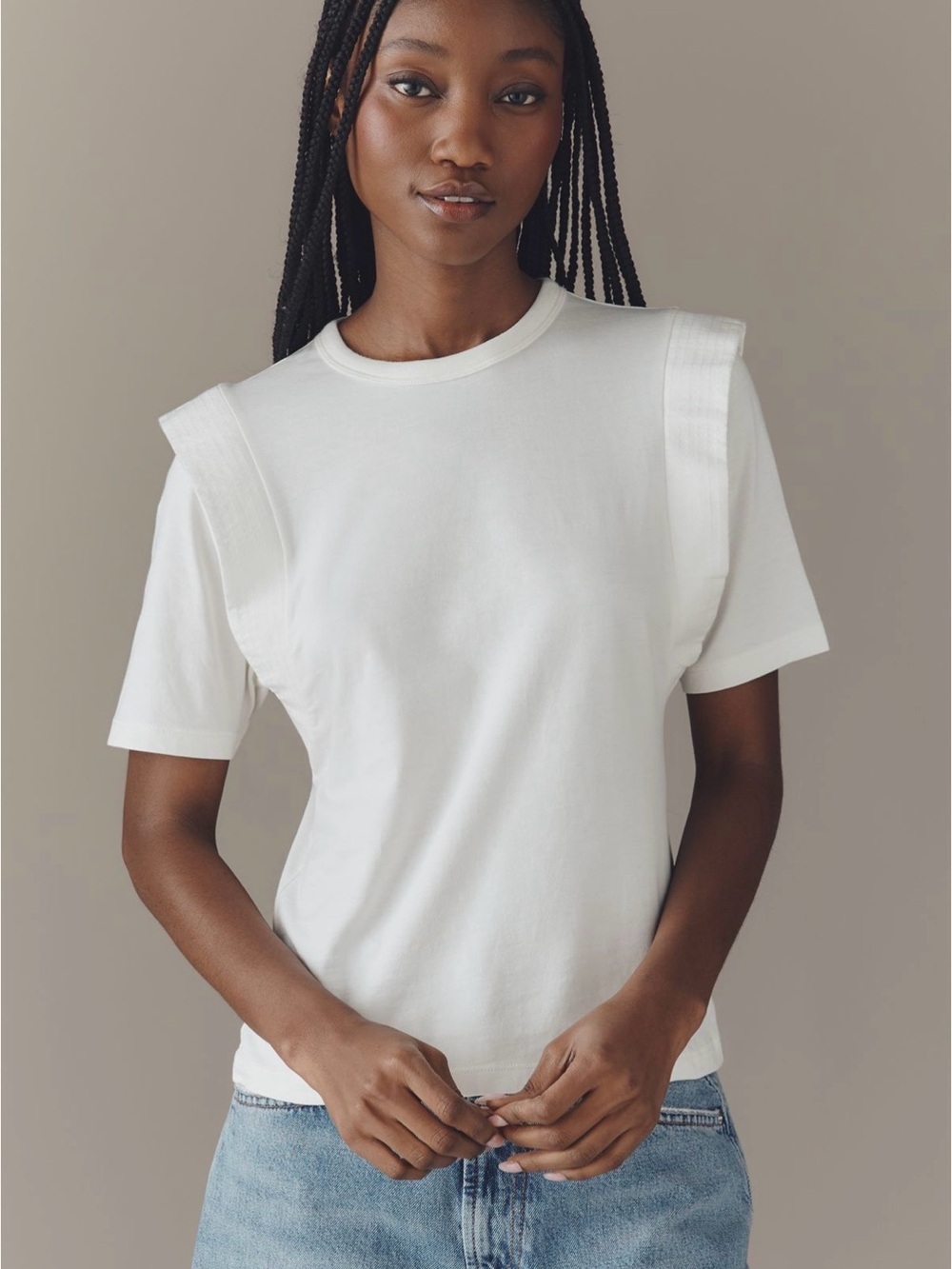 Nation LA Thea Cream Short-Sleeve Tee with Subtle Shoulder Panels